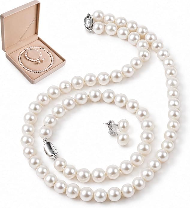 Sterling Silver Freshwater Cultured Pearl Set for Women, Real Pearl Necklace & Bracelet & Stud Earrings for Brithday, Anniversary, Wedding